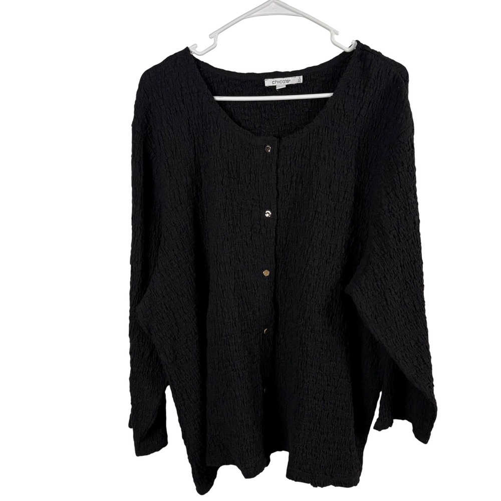 Chico's Crinkle Texture Top Women's XXL Black Button Up Lagenlook Travel Office